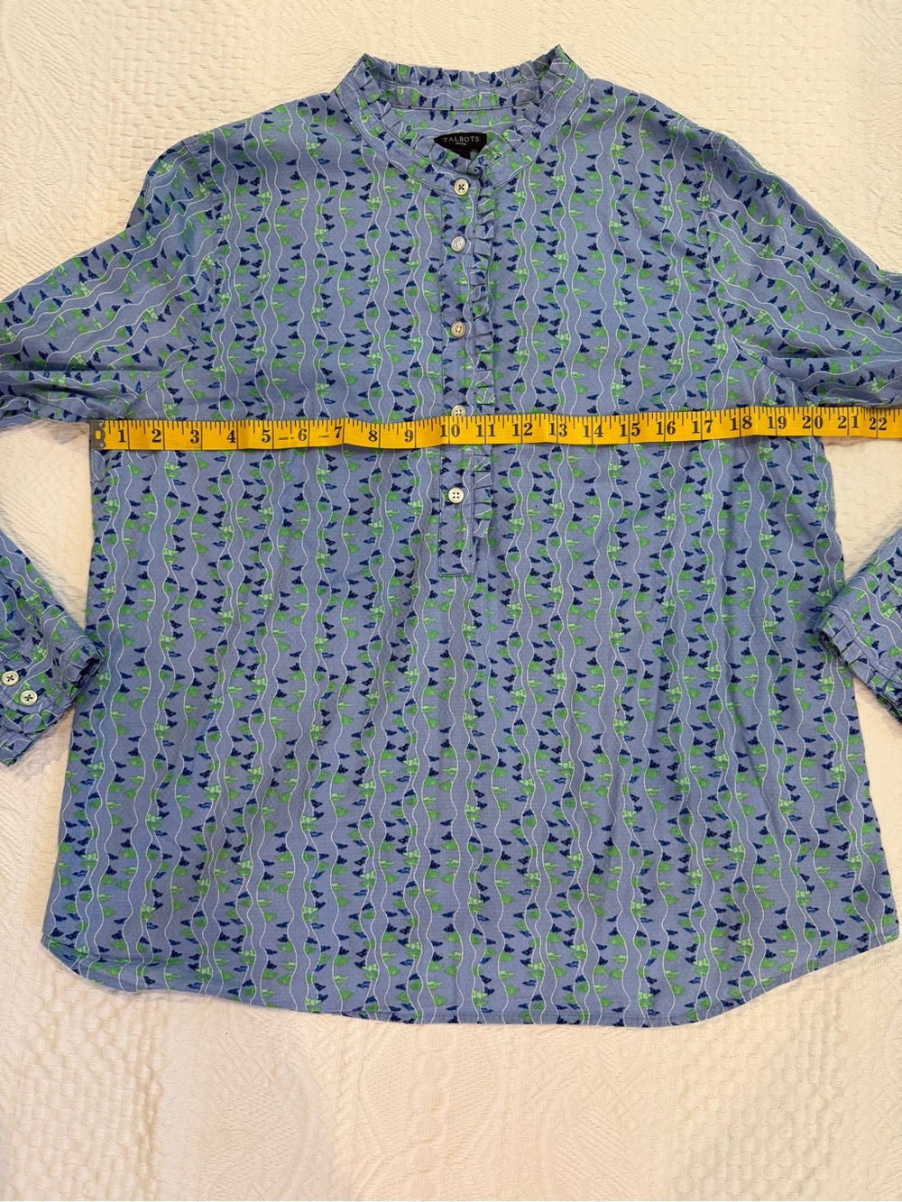 TALBOTS Womens Button Blouse Long Sleeve Blue Green Geometric Ruffle Size LP - Picture 5 of 6